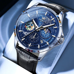 OLEVS Starry Sky Moon Phase Watch Leather Strap for Men 5538