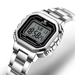 OLEVS 1111 silver black square digital watch close up