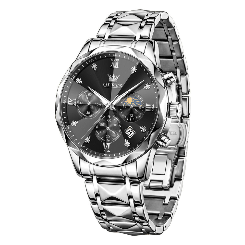 OLEVS 2730 Silver Black faceted quartz chronograph watch