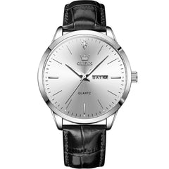 OLEVS 2935 Silver White leather strap day date quartz watch