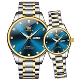 OLEVS 3612Q Diamond Dial Quartz Couple Watches Set - Two Tone Blue Watch | Olevs Watch Store