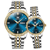 OLEVS 3625N Diamond Bezel Quartz Couple Watches Set - Two Tone Blue Watch | Olevs Watch Store