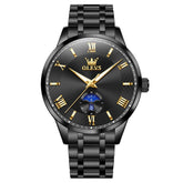 OLEVS 3638 Moon Phase Quartz Steel Watch for Men - All Black Watch | Olevs Watch Store
