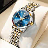 OLEVS 3D Diamond Cut Mirror Automatic Mechanical Watch 9982 for Women - Two Tone Blue Watch | Olevs Watch Store