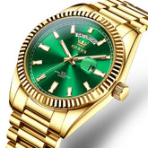 OLEVS 5650 Fluted Bezel Day Date Watch Stainless Steel Quartz Luxury Timepiece for Men - Gold Green Watch | Olevs Watch Store