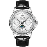 OLEVS 6695P Baguette Diamond Leather Mechanical Watch for Men - Silver White Watch | Olevs Watch Store