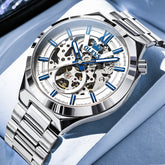 OLEVS 6722 Integrated Geometry Full Skeleton Mechanical Watch For Men - Steel Silver Watch | Olevs Watch Store