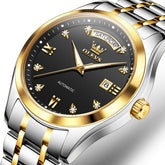 OLEVS 6752 Diamond Dial Day Date Mechanical Watch for Men - Two Tone Black Watch | Olevs Watch Store