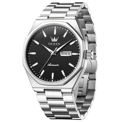 OLEVS 6786 Silver Black automatic day date watch front view