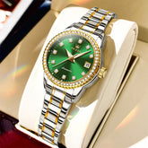 OLEVS 7003N Diamond Bezel Date Mechanical Watch for Women - Two Tone Green Watch | Olevs Watch Store