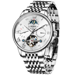 OLEVS 7009 Sun and Moon Skeleton Mechanical Watch for Men - Silver White Steel Watch | Olevs Watch Store
