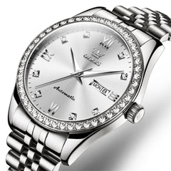 OLEVS 7012 Roman Numerals Diamond Bezel Mechanical Watch for Men - Silver White Watch | Olevs Watch Store