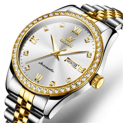 OLEVS 7012 Roman Numerals Diamond Bezel Mechanical Watch for Men - Two Tone White Watch | Olevs Watch Store
