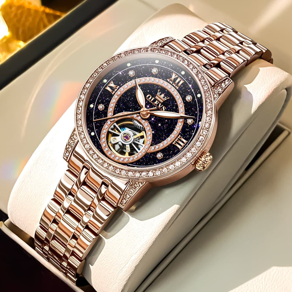 OLEVS 7036 Open Heart Automatic Watch For Women - Rose Gold Starry Sky Watch | Olevs Watch Store