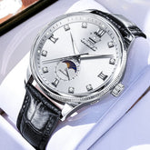 OLEVS 7039 Leather Moon Phase Mechanical Watch For Men - Silver White Watch | Olevs Watch Store