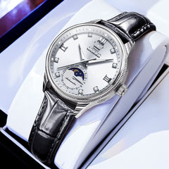 OLEVS 7039 Leather Moon Phase Mechanical Watch For Women - Silver White Watch | Olevs Watch Store