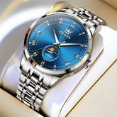 OLEVS 7063 Diamond Moon Phase Automatic Watch For Men - Silver Blue Watch | Olevs Watch Store