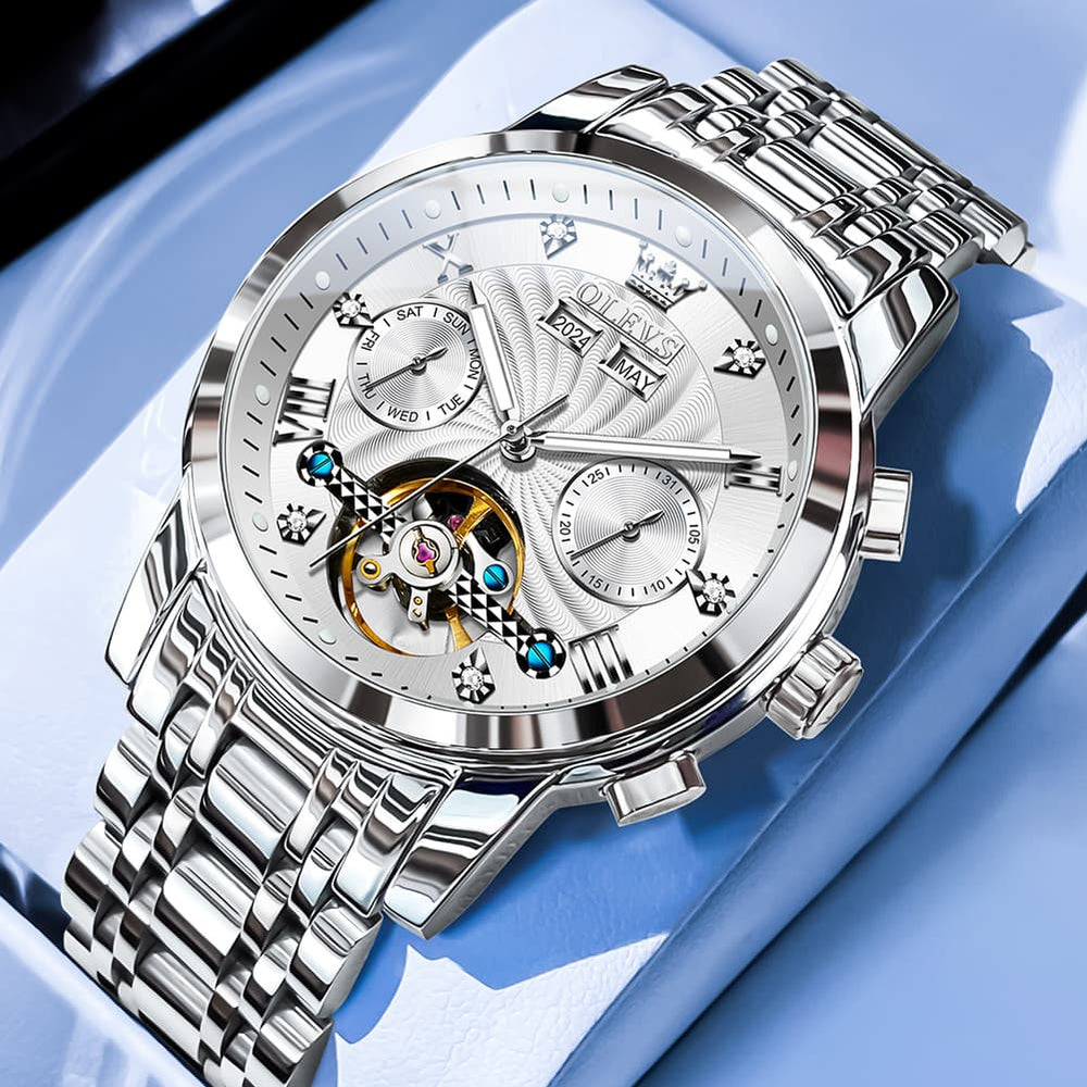 OLEVS 7088 Open Heart Roman Numeral Automatic Watch For Men - Silver White Watch | Olevs Watch Store