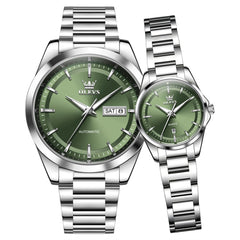 OLEVS 7090 couple watch set silver green automatic men and quartz women