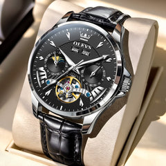 OLEVS 7103 Open Heart Leather Automatic Watch For Men - Silver Black Watch | Olevs Watch Store