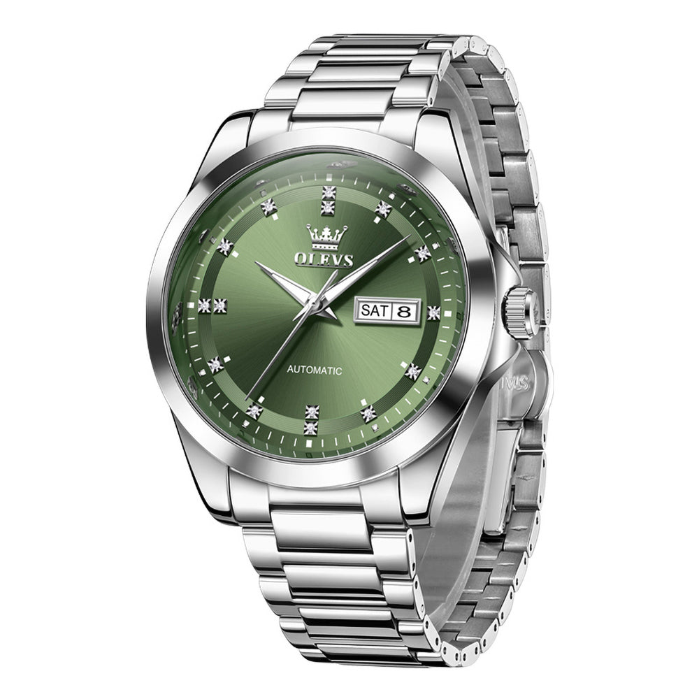 OLEVS 7136 Silver Green automatic day date watch front view
