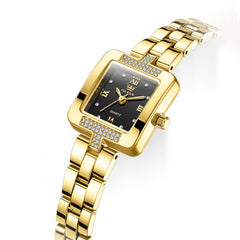 OLEVS 7141 gold tone women's square quartz watch with black dial
