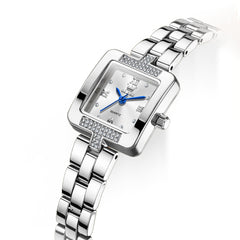 OLEVS 7141 silver women's square quartz watch with white dial and blue hands