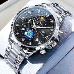 OLEVS 9807 Starry Moon Phase Chronograph Quartz Watch for Men - Silver Black Steel Watch | Olevs Watch Store