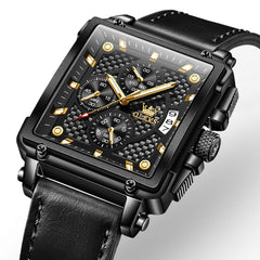 OLEVS 9925 Riveted Square Chronograph Watch for Men - Black Leather Black Dial Watch | Olevs Watch Store