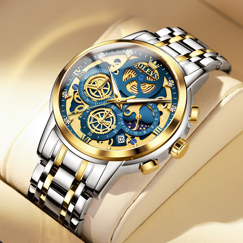 OLEVS 9947 Hollow Skeleton Chronograph Steel Watch for Men - Two Tone Blue Dial Watch | Olevs Watch Store