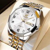 OLEVS 9970 3D Rhombic Faceted Glass Day Date Watch for Men - Two Tone Gold White Dial Watch | Olevs Watch Store