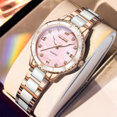OLEVS 9985 Two Tone Ceramic Bracelet Quartz Watch for Women - Rose Gold Pink Watch | Olevs Watch Store
