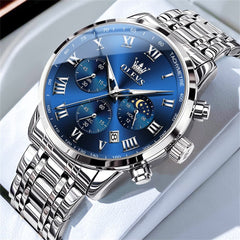 OLEVS Chronograph Moon Phase Dress Watch for Men Stainless Steel 5529 - Silver Blue Watch | Olevs Watch Store