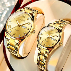OLEVS His and Hers Couple Watches Set Two Tone Stainless Steel Quartz Day Date 5563Q - All Gold Set | Olevs Watch Store