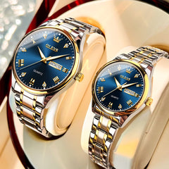 OLEVS His and Hers Couple Watches Set Two Tone Stainless Steel Quartz Day Date 5563Q - Two Tone Blue Set | Olevs Watch Store
