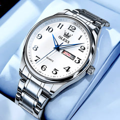 OLEVS Men and Women Couple Watch Stainless Steel Quartz Day Date Arabic Numerals 5567-Men - Silver White|Olevs Watch Store