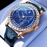OLEVS Starry Sky Moon Phase Automatic Mechanical Watch 9923 Leather Strap for Men - Rose Gold Blue Diamond Bezel Watch