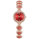 OLEVS Women Lucky Charm Watch Petite Diamond Bracelet Date Quartz 5630 - Rose Gold Red Dial Watch | Olevs Watch Store