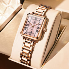 OLEVS Women Rectangular Dress Watch Retro Tank Stainless Steel Date Quartz 5641 - Rose Gold Pink Dial | Olevs Watch Store