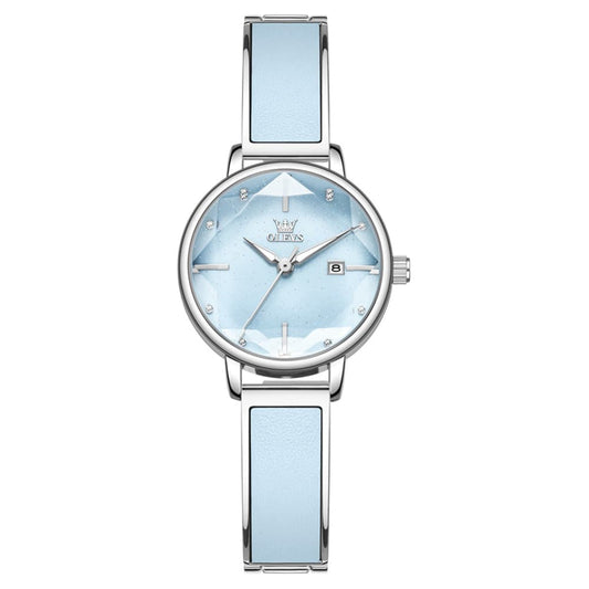 OLEVS 5656 silver and blue quartz watch with a faceted crystal