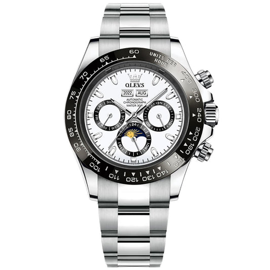 OLEVS 6654 Automatic Mechanical Moon Phase Watch for Men - Silver White Watch | Olevs Watch Store