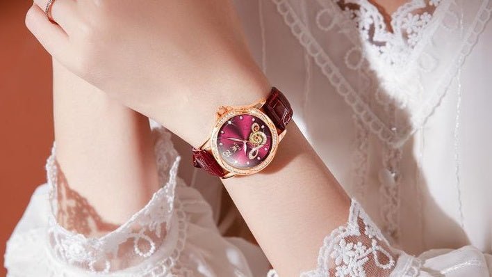 OLEVS elegant red leather strap watch for women with rose gold case