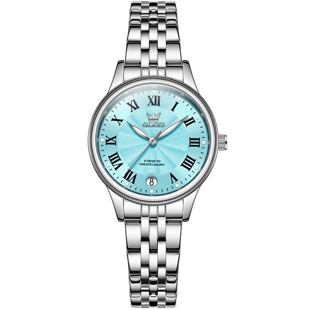 OLEVS Women Tiffany Blue Watch Roman Numeral Silver Stainless Steel Date Quartz 5600