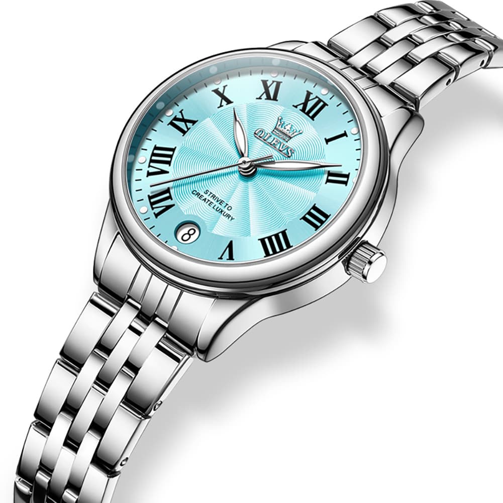 OLEVS Women Tiffany Blue Watch Roman Numeral Silver Stainless Steel Date Quartz 5600