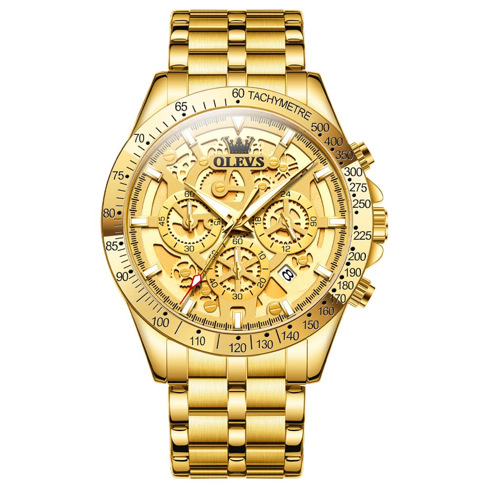 OLEVS 9913 Skeleton Dial Chronograph Gold Quartz Watch for Men