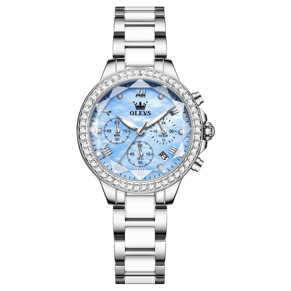 OLEVS 9999 Diamond Bezel Chronograph Ceramic Watch for Women
