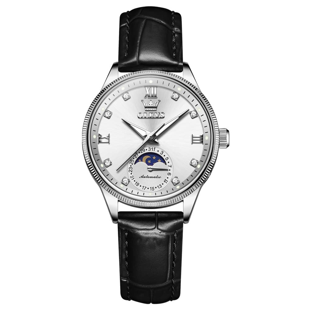 OLEVS 7039 Leather Moon Phase Mechanical Watch For Women