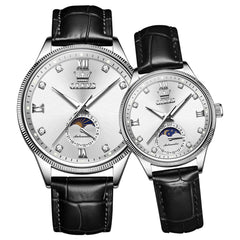 OLEVS 7039 Leather Moon Phase Couples Watch Set