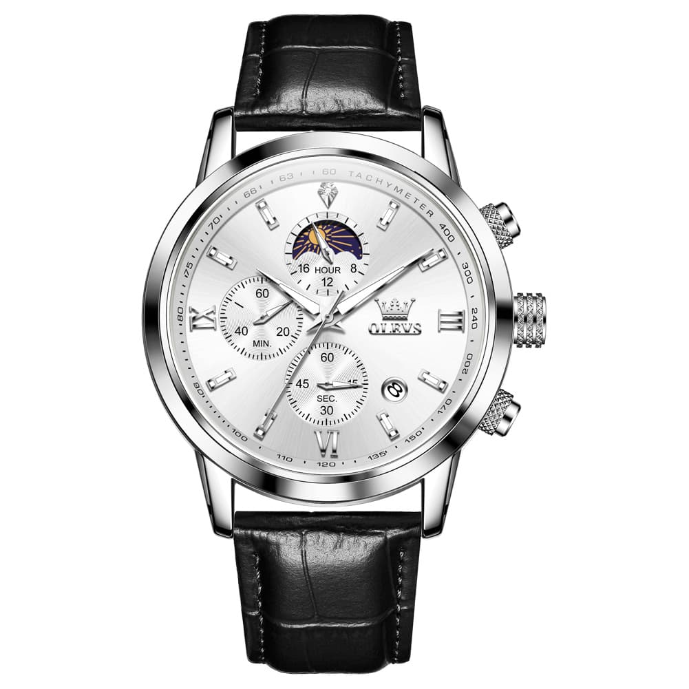 OLEVS 9812 Moon Phase Chronograph Leather Watch for Men