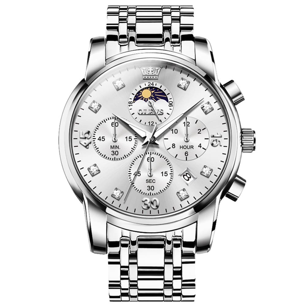 OLEVS 3652 Chronograph Moon Phase Diamond Dial Stainless Steel Watch For Men